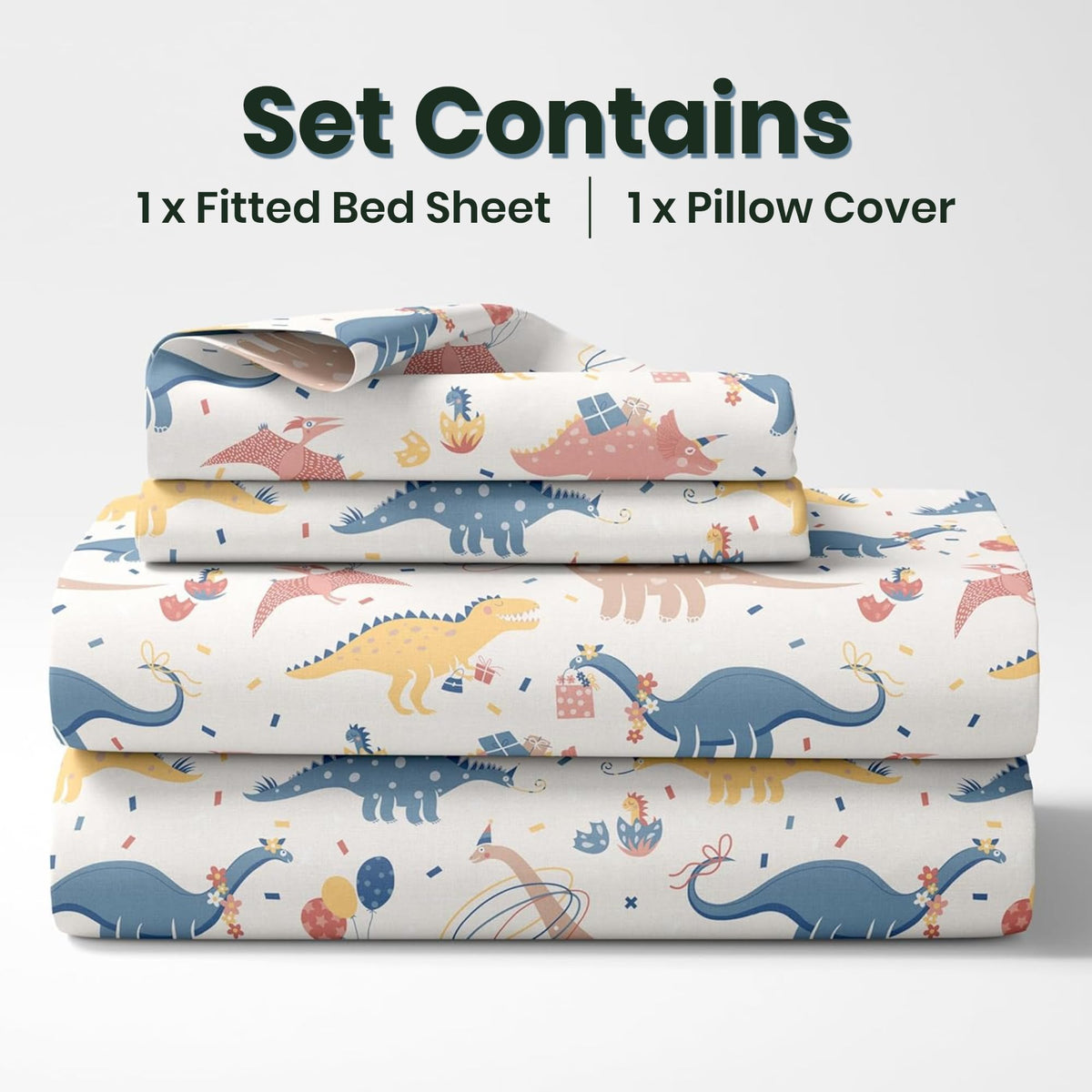 Coral Blue Dino Party 144 TC 100% Cotton Elastic Fitted Single Bedsheet with 1 Pillow Cover - 78 x 36 Inches