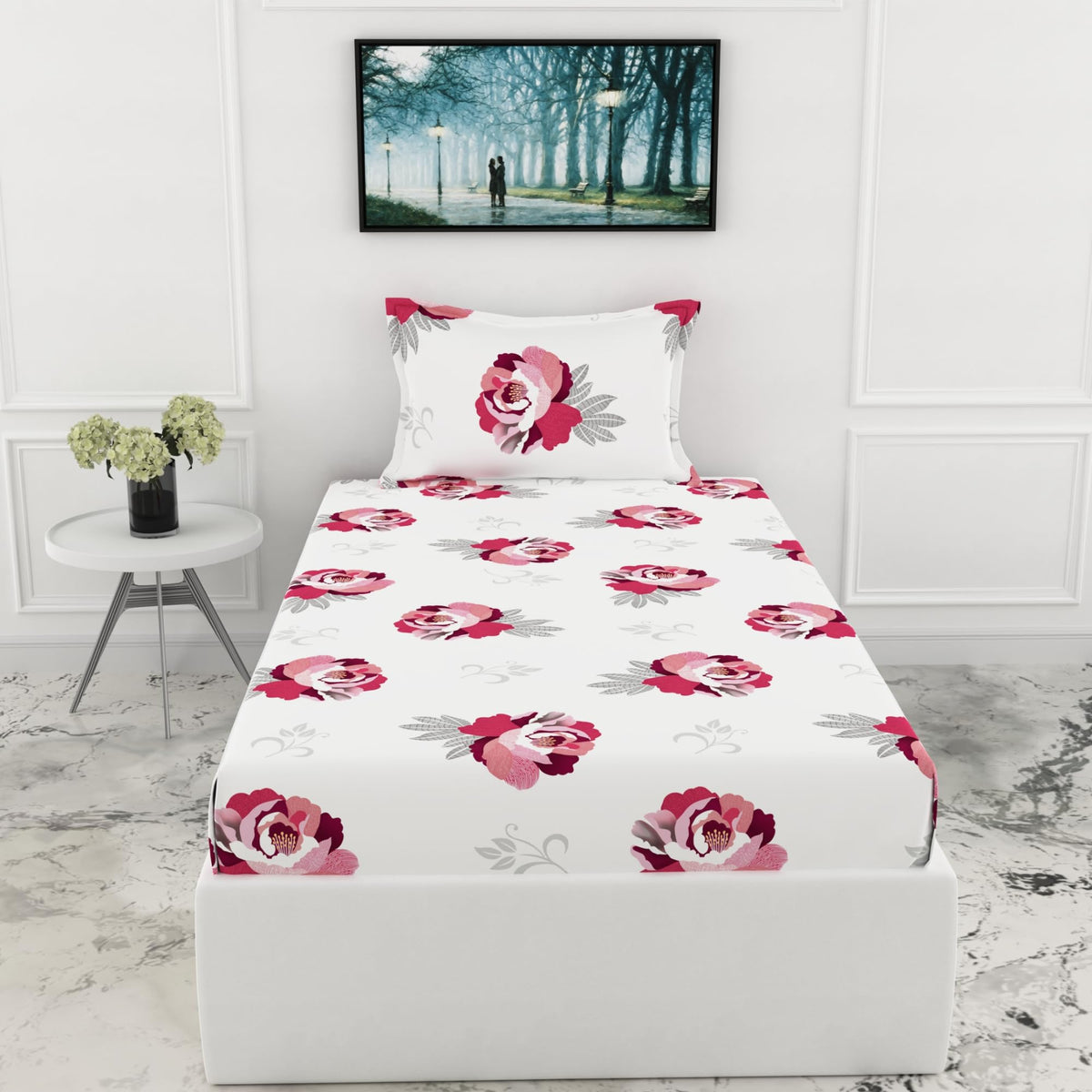 Loreto Wine & Pink Floral Single Fitted Bedsheet | 210 TC | 100% Cotton | Fits 78 x 36 Inches | 8 Inch Pocket - main product image