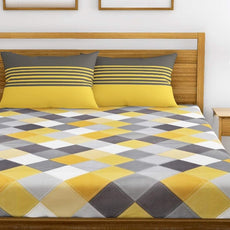 Yellow & Grey Checkered 100% Cotton Double Fitted Bedsheet, 144 TC
