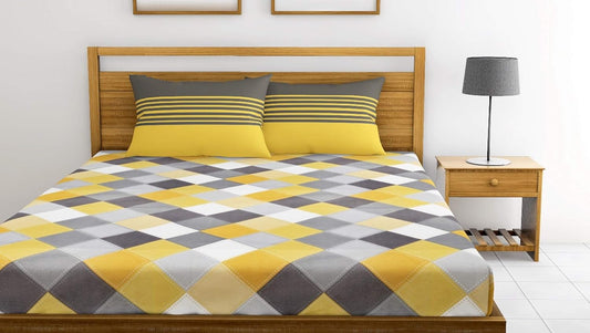 Yellow & Grey Checkered 100% Cotton Double Fitted Bedsheet, 144 TC