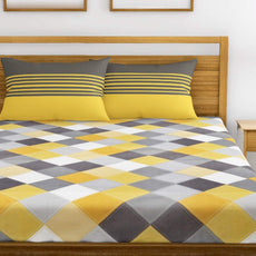 Yellow & Grey Checkered 144 TC Cotton Double Bed Sheet with 2 Pillow Covers - Soft, Breathable & Easy Care (88 x 90 Inches)