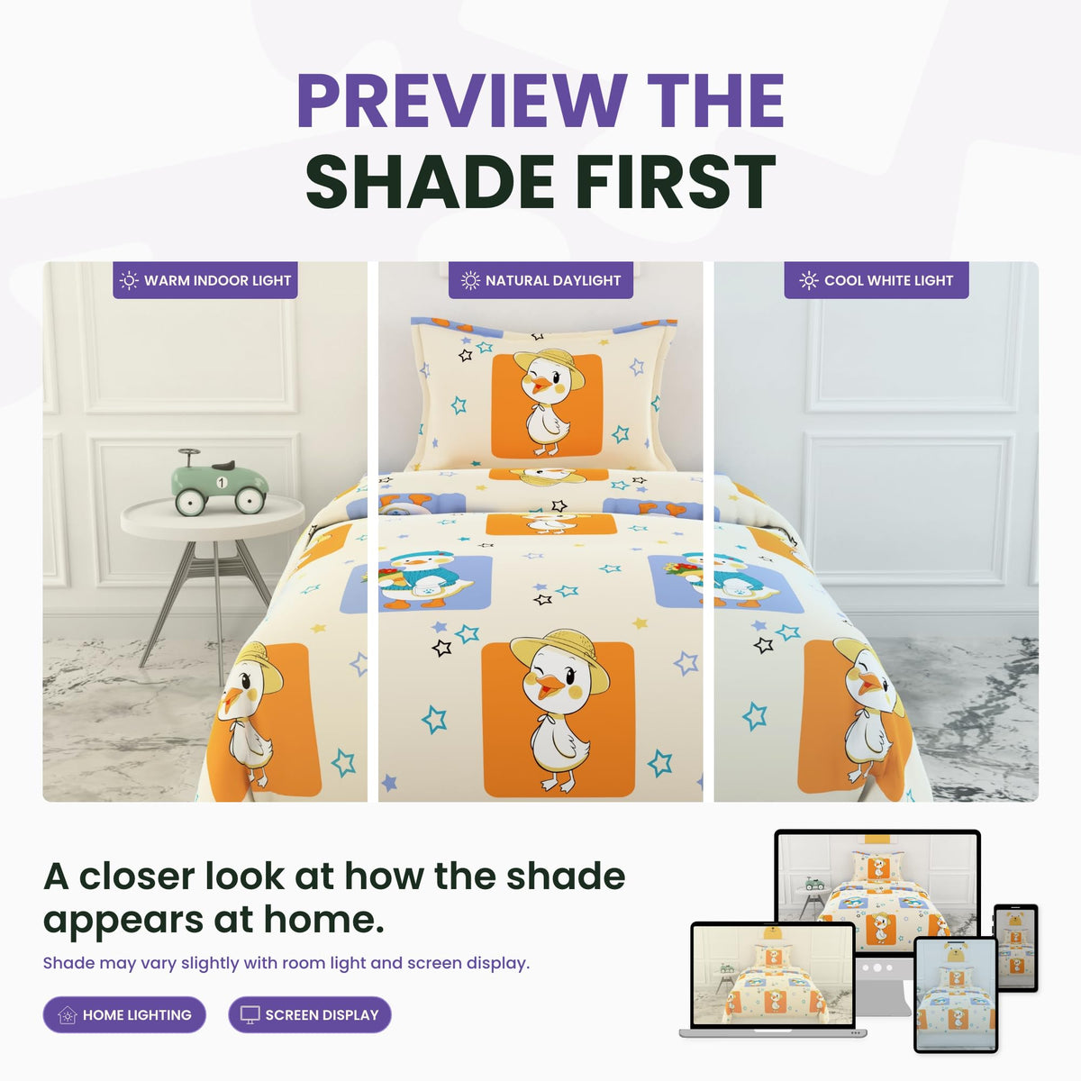Playful Ducks 100% Cotton Single Bed Bedsheet with Pillow Cover | 186 TC Percale Weave | Soft, Durable & Breathable Flat Sheet 58 x 88 Inches