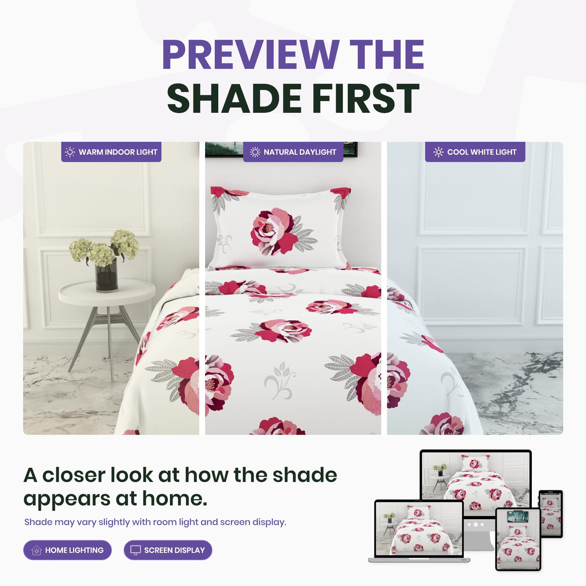 Wine & Pink Floral Single Bedsheet - 210 TC 100% Cotton with 1 Pillow Cover (58 x 88 Inches)