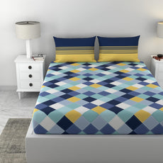 Loreto Cotton King Fitted Bedsheet | Vivid Blue and Yellow Checkered