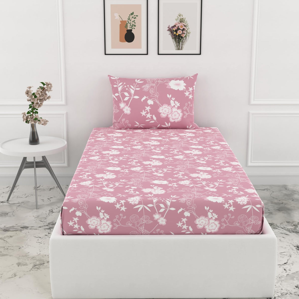 Loreto Cotton Single Fitted Bedsheet | Blush Pink Vine Blooms 144 TC