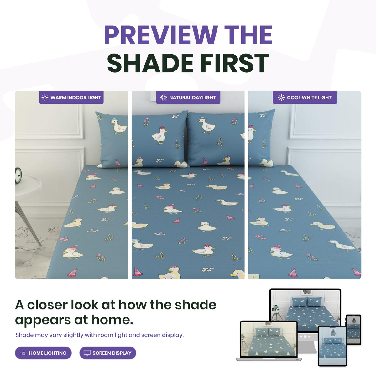 Pastel Blue Duck Party 100% Cotton Double Fitted Bedsheet with 2 Pillow Covers, 144 TC, 78 x 60 Inches