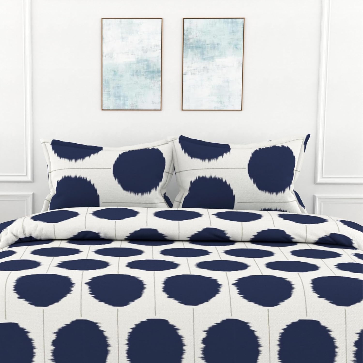 Navy Haze Big Polka Dots 100% Cotton King Fitted Bedsheet, 144 TC