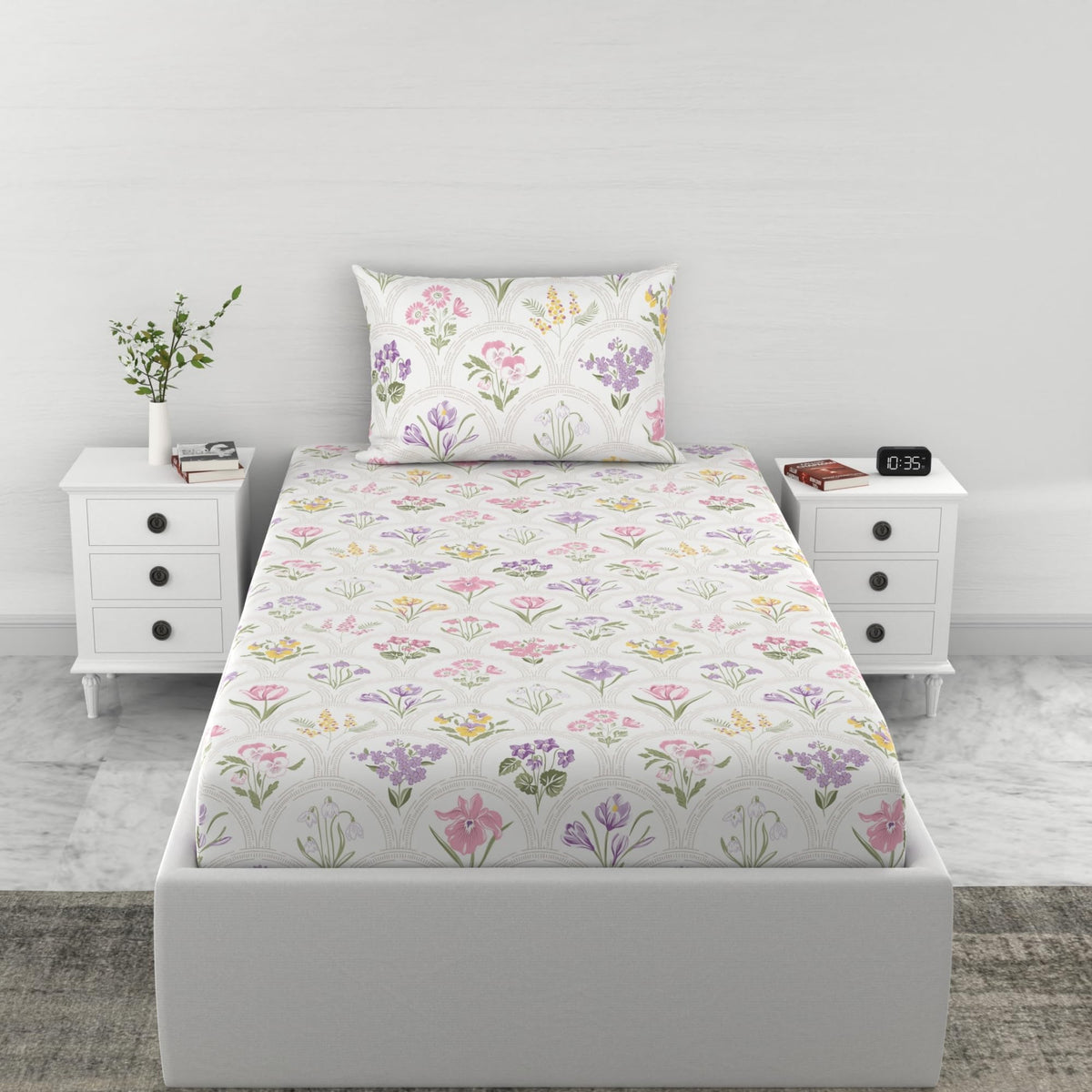 Loreto White Pink & Lavender Pastel Floral Single Fitted Bedsheet | 186 TC | 100% Cotton | Fits 78 x 36 Inches | 8 Inch Pocket - main product image