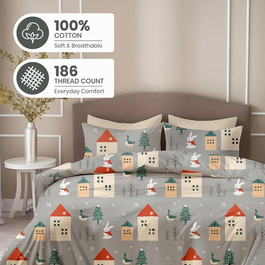 Warm Grey Winter Village Bunny 186 TC Cotton Double Bedsheet, 90 x 90 Inches - Soft Percale Weave with 2 Pillow Covers, Durable & Breathable
