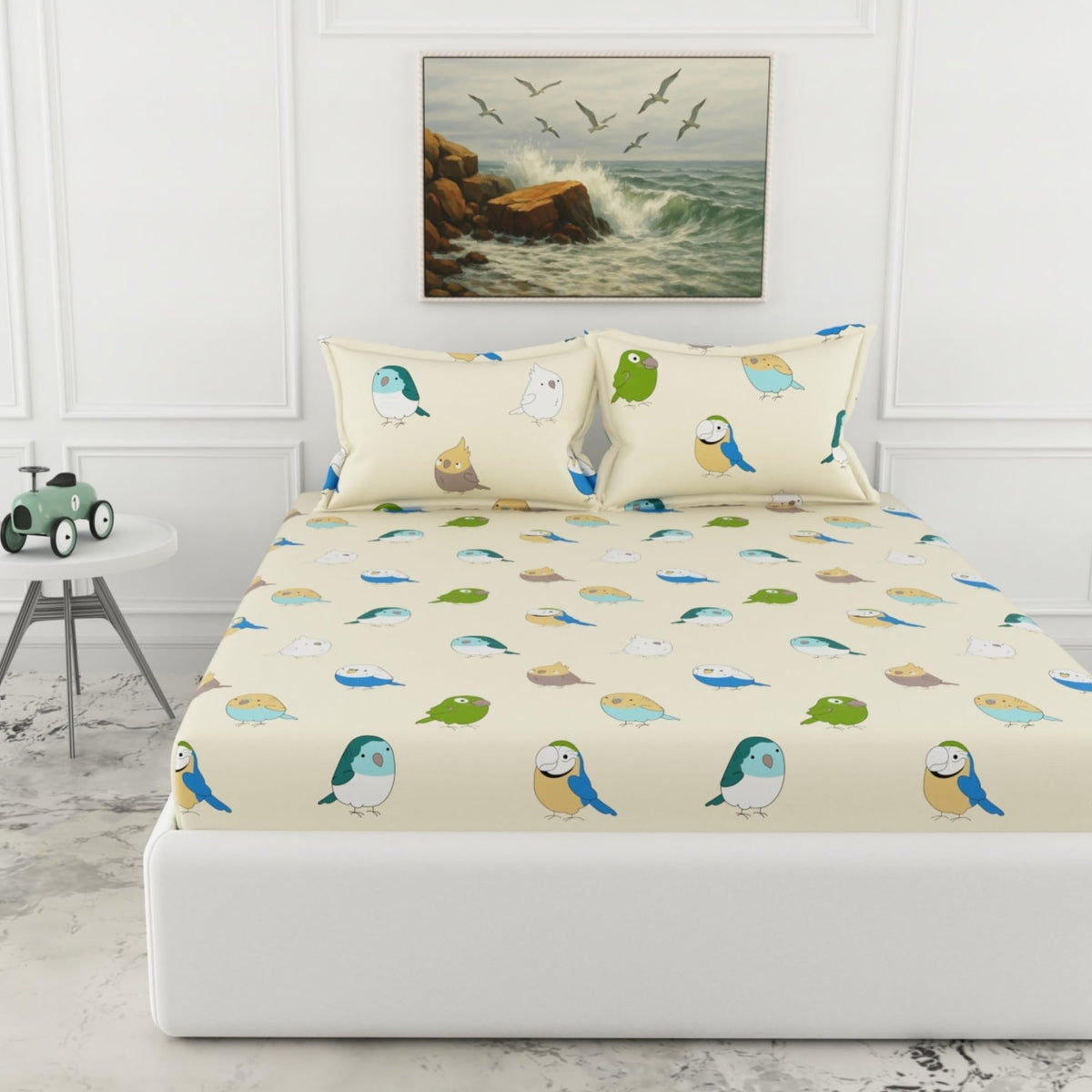 Loreto Multicolor Birds King Fitted Bedsheet | 186 TC | 100% Cotton | Fits 78 x 72 Inches | 8 Inch Pocket - main product image