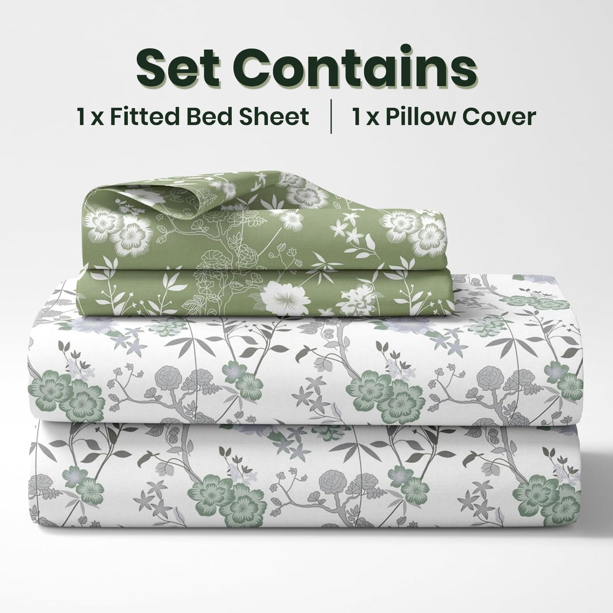 Green Floral Harmony 144 TC 100% Cotton Elastic Fitted Single Bedsheet with 1 Pillow Cover - 78 x 36 Inches