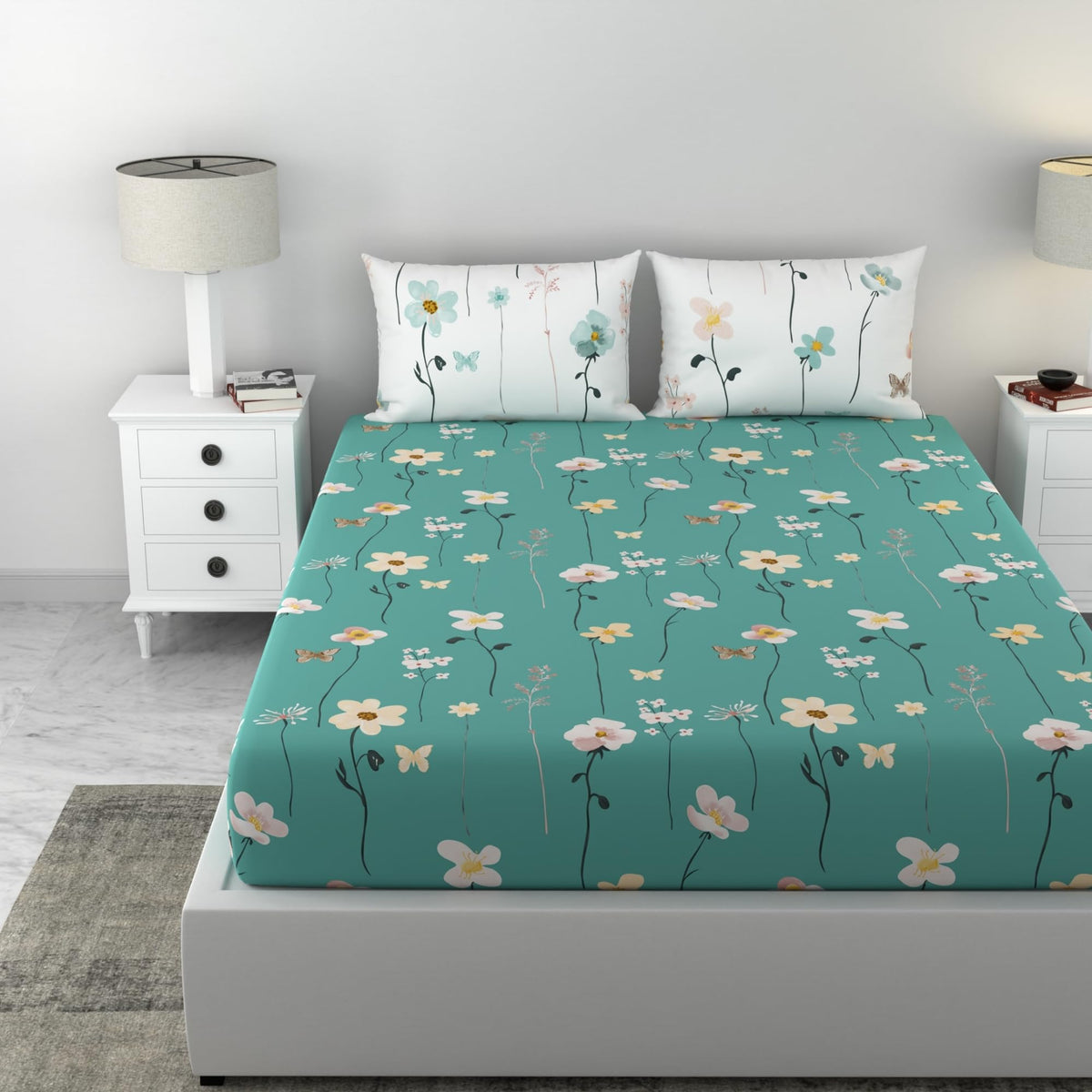 Loreto Teal Floral Blooms & Floral Vines Double Fitted Bedsheet | 144 TC | 100% Cotton | Fits 72 x 60 Inches | 8 Inch Pocket - main product image