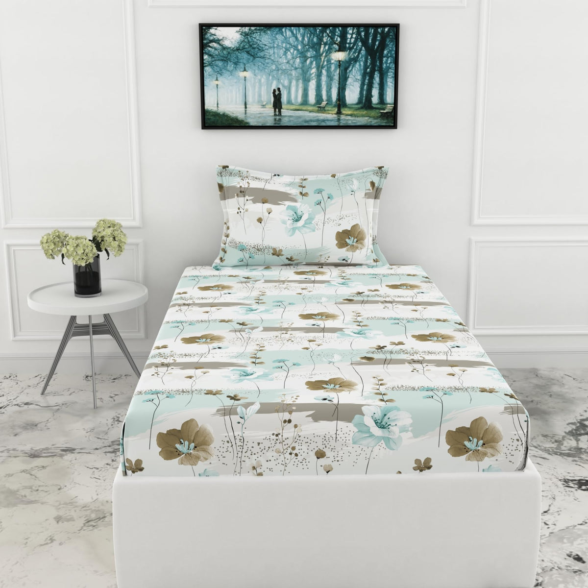 Loreto Light Green & Beige Single Fitted Bedsheet | 210 TC | 100% Cotton | Fits 78 x 36 Inches | 8 Inch Pocket - main product image