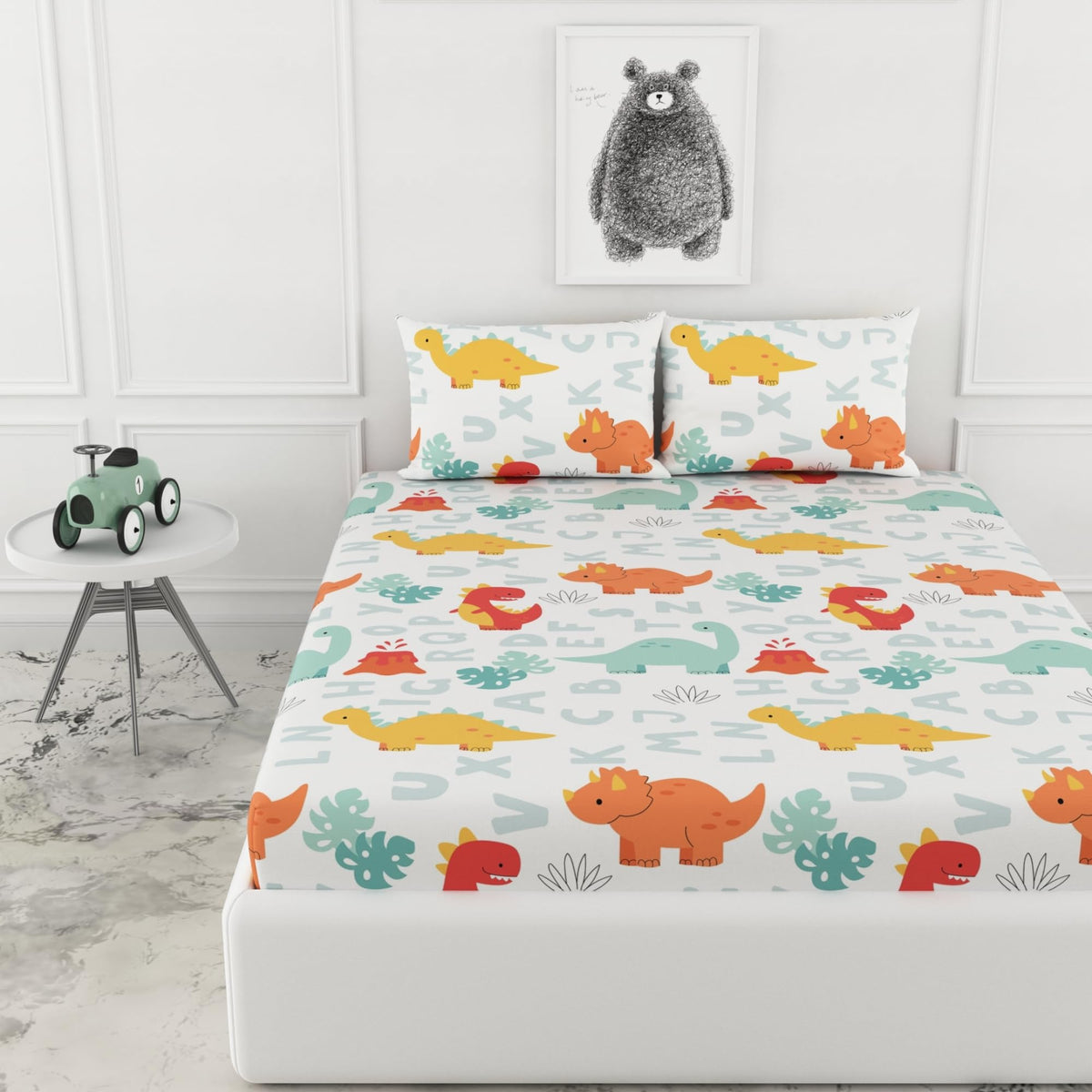 Loreto Orange & Mint Alphabet Dino Play Double Fitted Bedsheet | 144 TC | 100% Cotton | Fits 72 x 60 Inches | 8 Inch Pocket - main product image