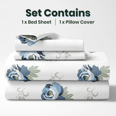 Navy Floral Single Bedsheet - 210 TC 100% Cotton with 1 Pillow Cover (58 x 88 Inches)