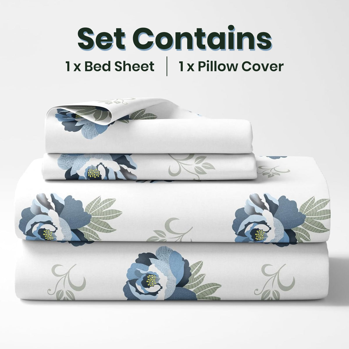 Navy Floral Single Bedsheet - 210 TC 100% Cotton with 1 Pillow Cover (58 x 88 Inches)