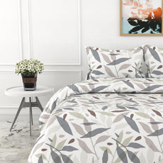 Grey Leaf Double Bedsheet - 210 TC 100% Cotton with 2 Pillow Covers (90 x 90 Inches)
