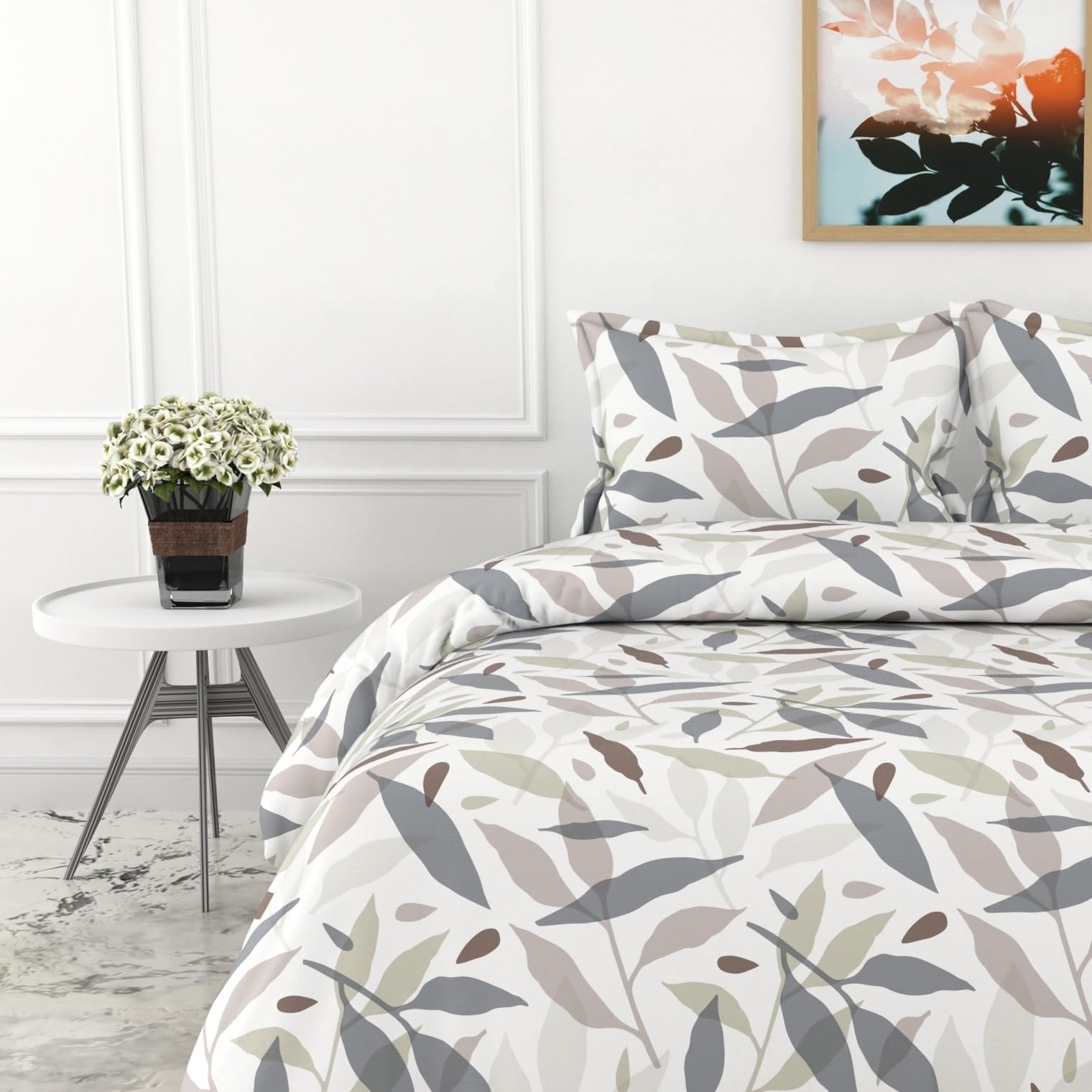 Grey Leaf Double Bedsheet - 210 TC 100% Cotton with 2 Pillow Covers (90 x 90 Inches)