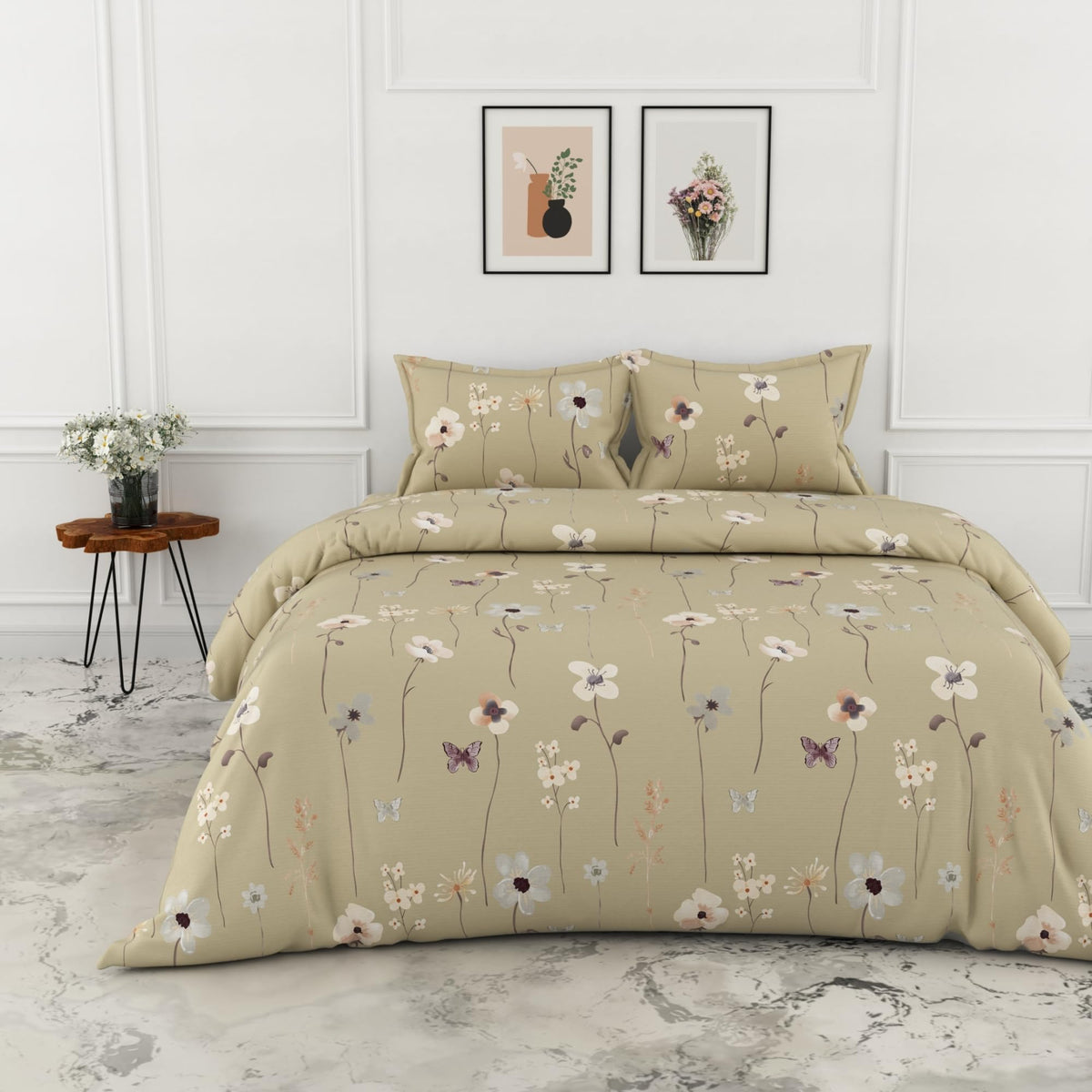 Loreto Khaki Floral Blooms King Bedsheet | 144 TC | 100% Cotton | 104 x 104 Inches - main product image