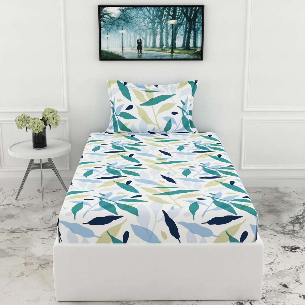 Loreto Green Leaf Whisper Single Fitted Bedsheet | 210 TC | 100% Cotton | Fits 78 x 36 Inches | 8 Inch Pocket - main product image