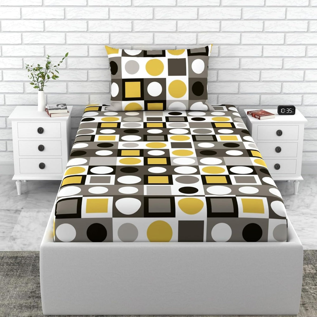 Loreto Forged Iron Grey & Lemon Zest Yellow Single Fitted Bedsheet | 100% Cotton | Fits 72 x 36 Inches | 8 Inch Pocket - main product image