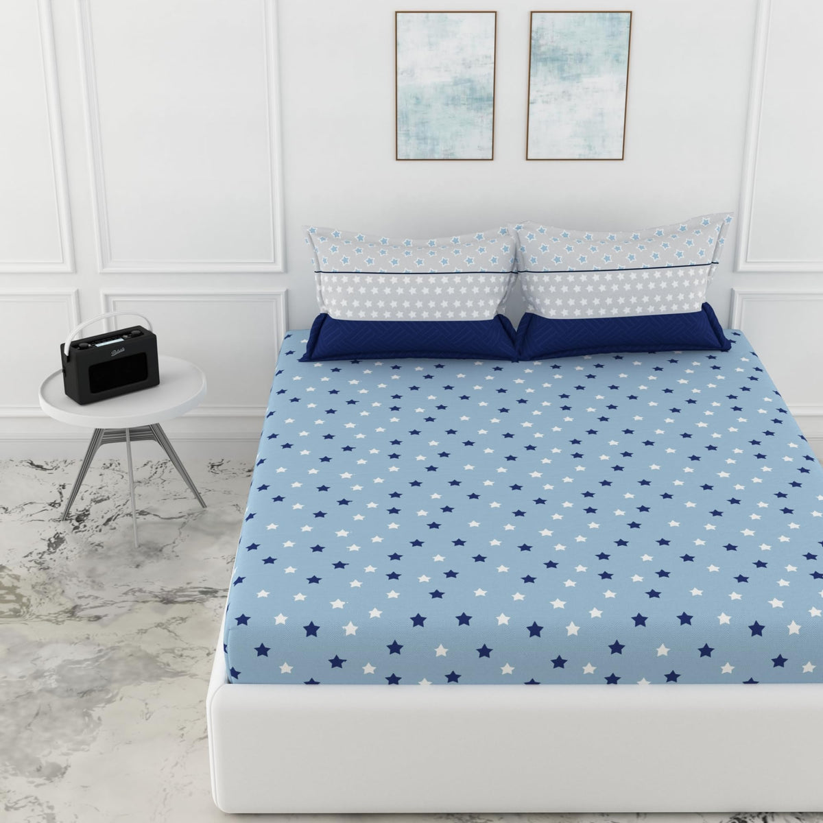Loreto Nile Blue Stars King Fitted Bedsheet | 144 TC | 100% Cotton | Fits 72 x 72 Inches | 8 Inch Pocket - main product image