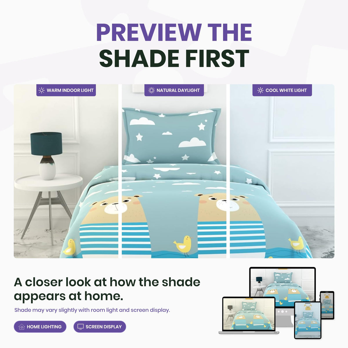Bear & Duck 100% Cotton Bedsheet for Single Bed | 186 TC Percale Weave Soft & Durable Flat Sheet with Pillow Cover | 58 x 88 Inches