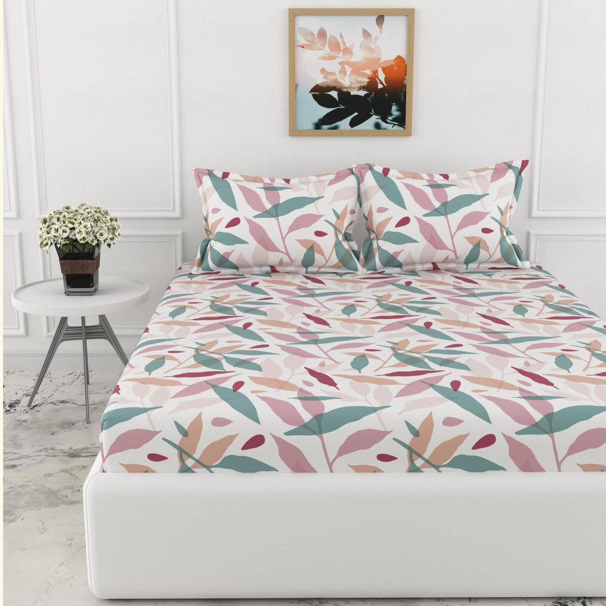Loreto Pink Leaf Whisper King Fitted Bedsheet | 210 TC | 100% Cotton | Fits 78 x 72 Inches | 8 Inch Pocket - main product image