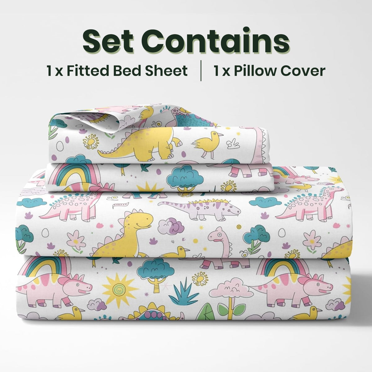 Rainbow Dino Fun 144 TC 100% Cotton Elastic Fitted Single Bedsheet with 1 Pillow Cover - 78 x 36 Inches