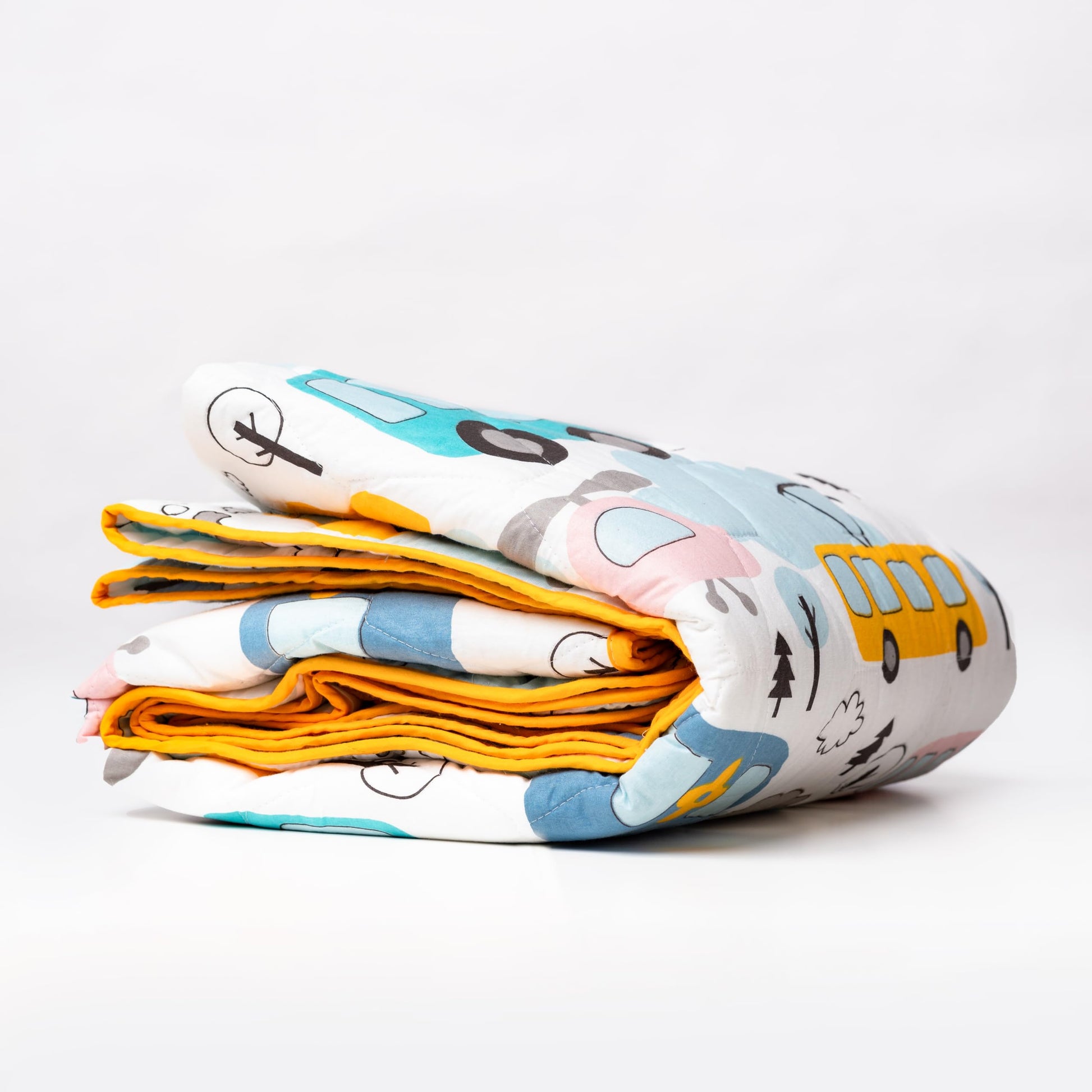 Bubblegum Blue & Bus Yellow Cars 100% Cotton Reversible Comforter for Single Bed | 150 GSM Lightweight Winter Quilt | AC Blanket 54" x 84"