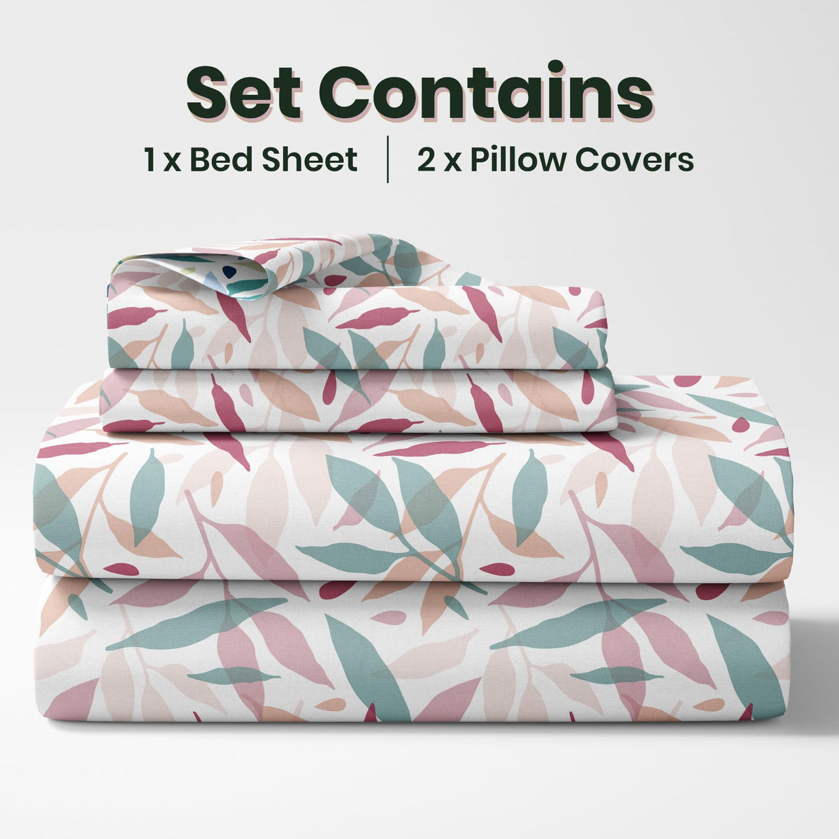 Pink Leaf Double Bedsheet - 210 TC 100% Cotton with 2 Pillow Covers (90 x 90 Inches)