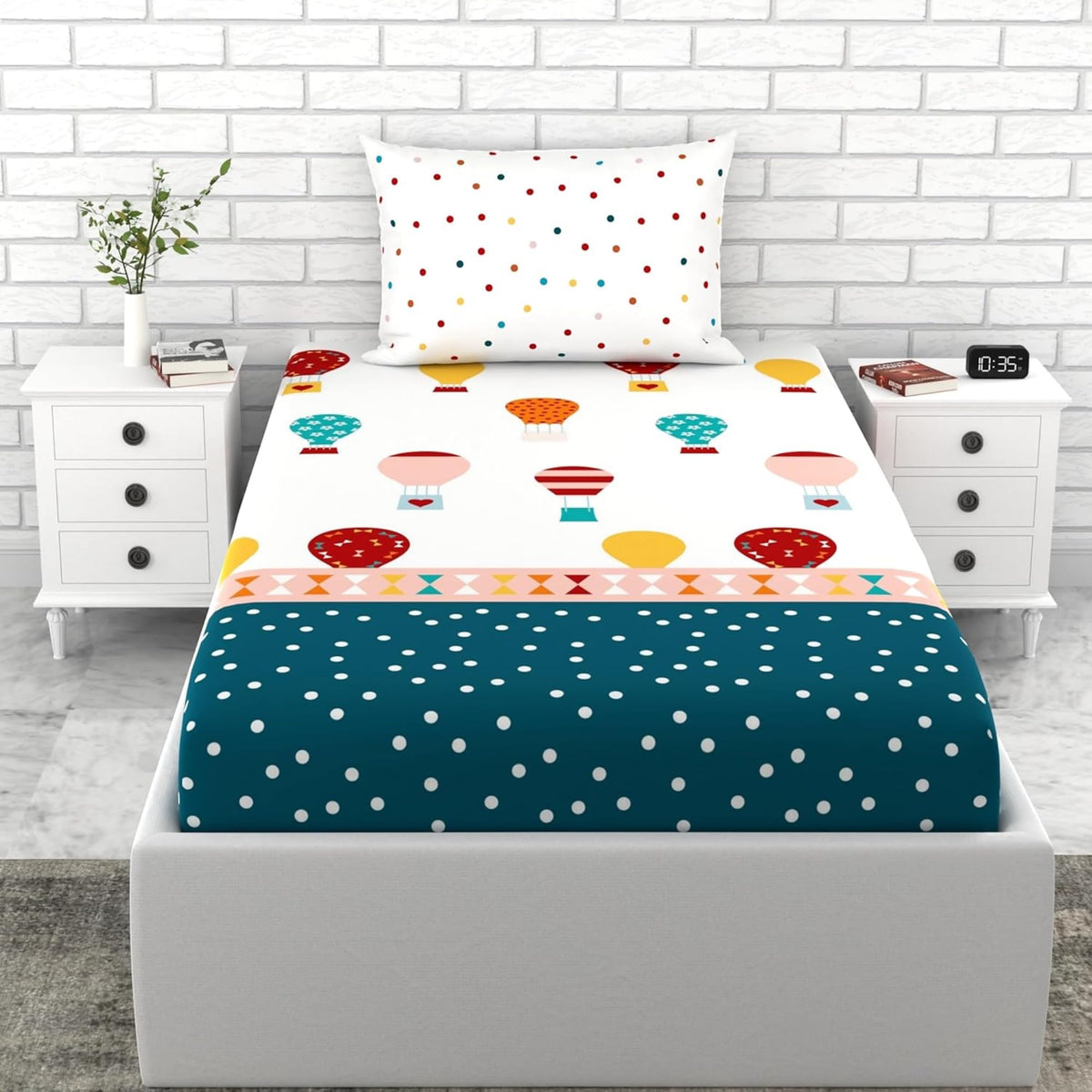 Loreto Blue & Red Balloon Single Fitted Bedsheet | 100% Cotton | Fits 72 x 36 Inches | 8 Inch Pocket - main product image