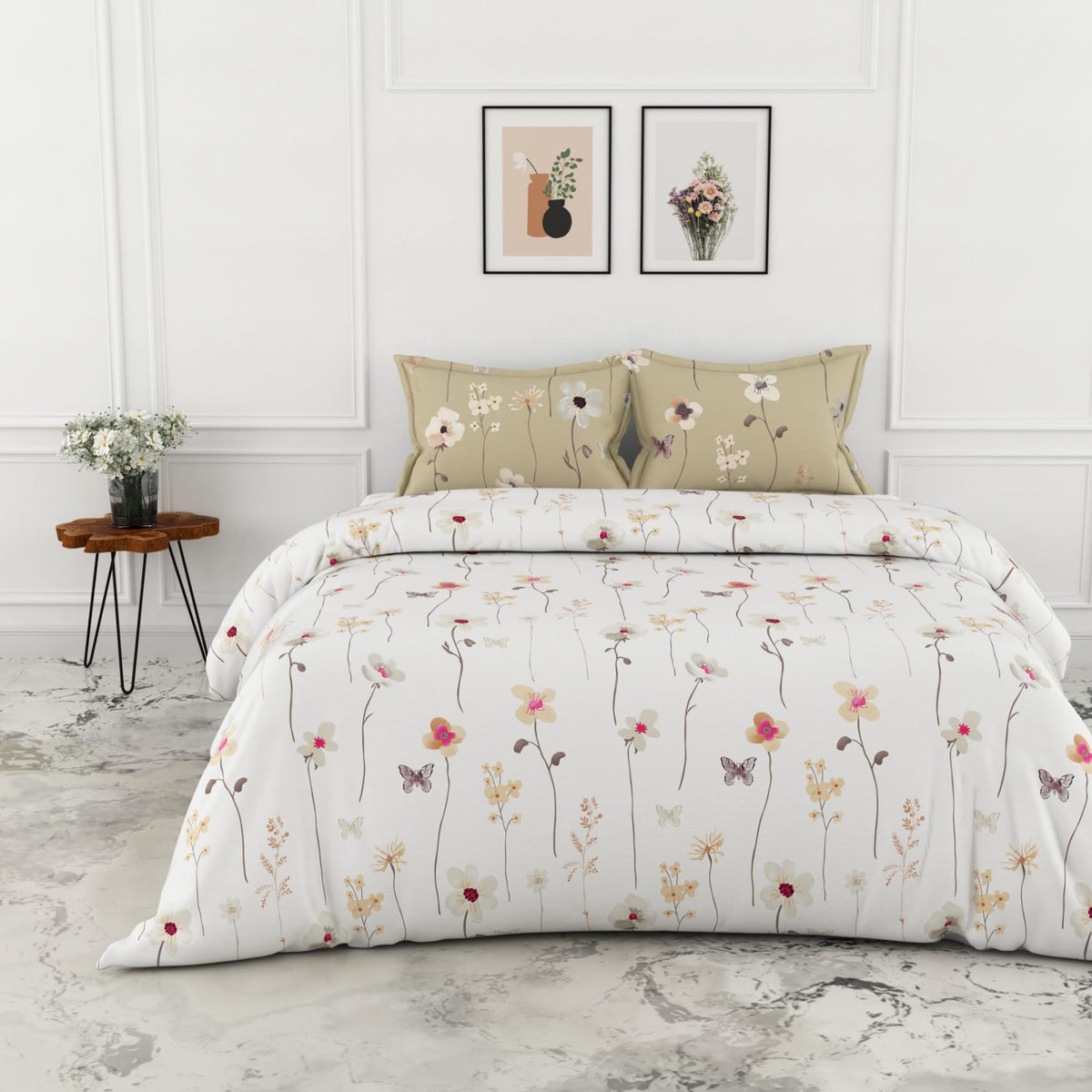 Loreto White Khaki Floral Vines & Floral Blooms Double Bedsheet | 144 TC | 100% Cotton | 88 x 90 Inches - main product image