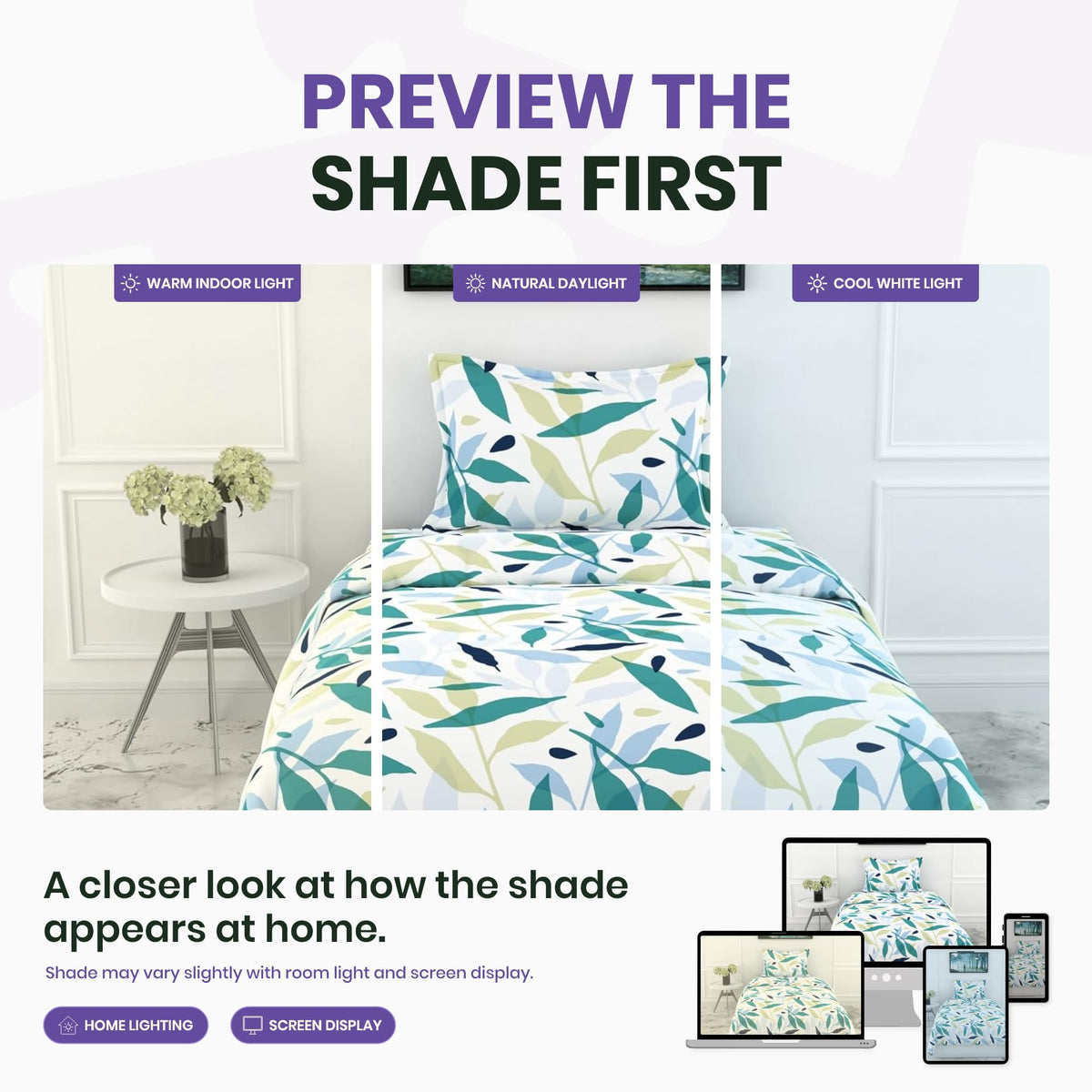 Green Leaf Whisper Single Bedsheet - 210 TC 100% Cotton with 1 Pillow Cover (58 x 88 Inches)