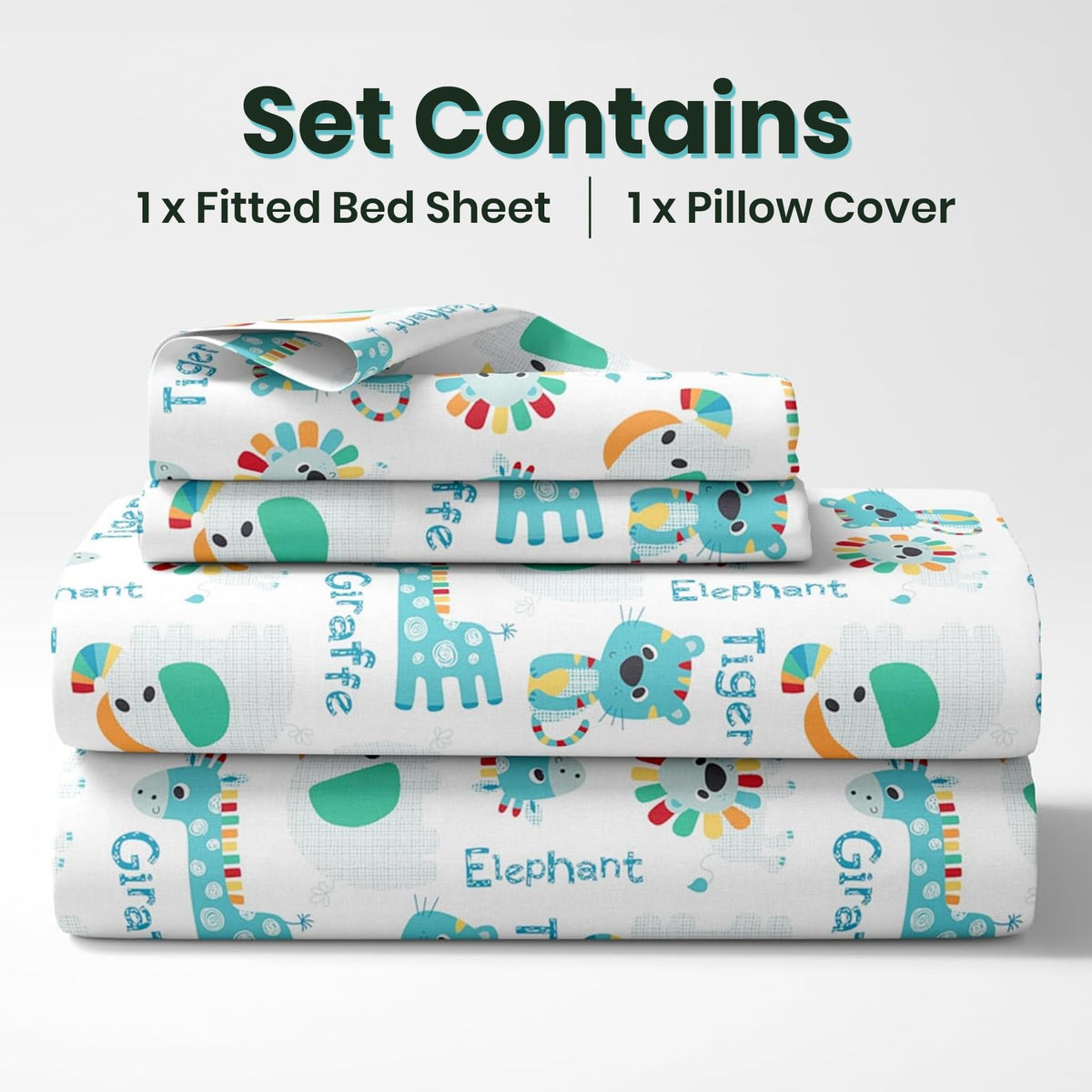 Aqua & Rainbow Animal 144 TC 100% Cotton Elastic Fitted Single Bedsheet with 1 Pillow Cover - 78 x 36 Inches