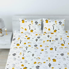 Soft White Kids House Pattern 100% Cotton Flat Double Bedsheet, 144 TC