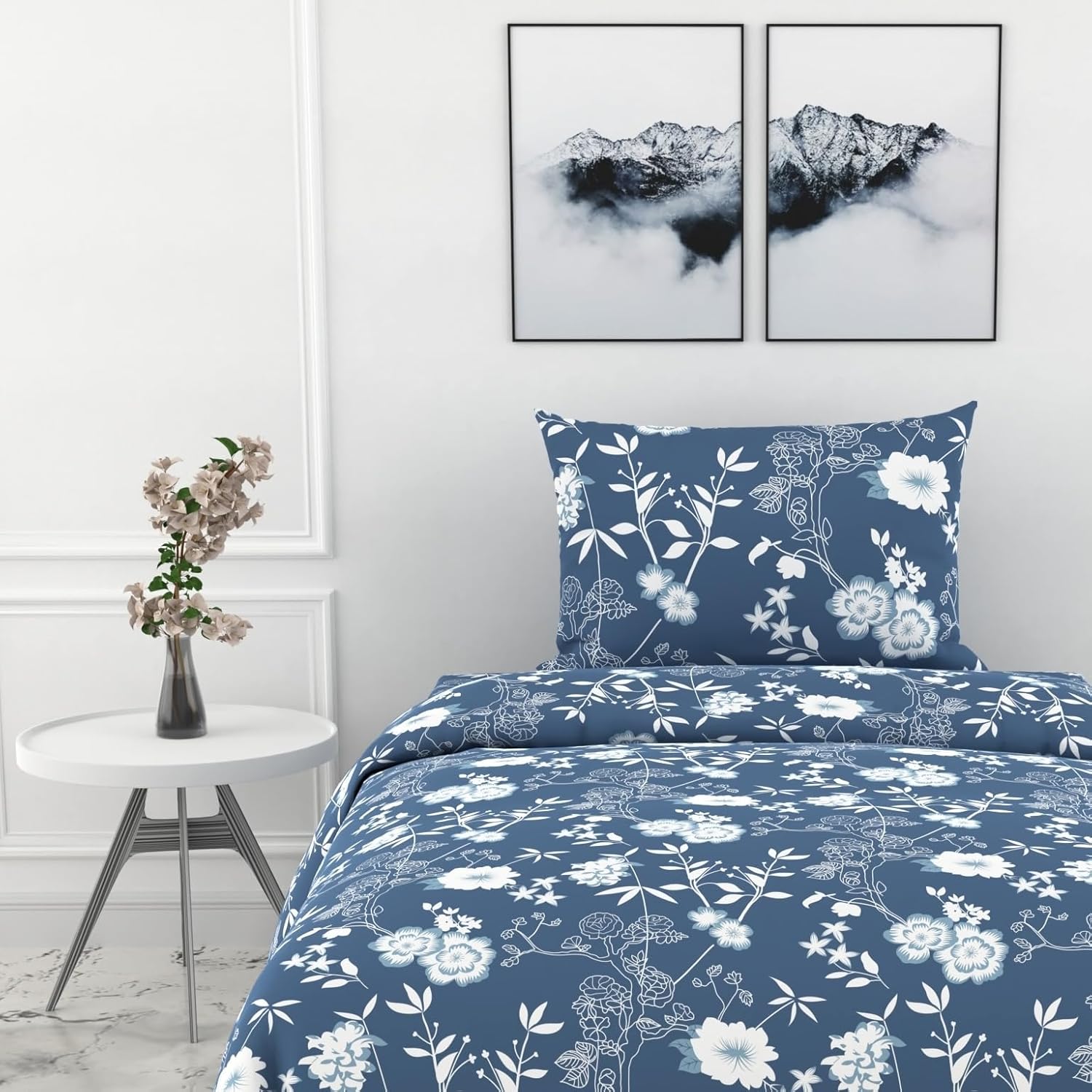 Indigo Blue Vine Blooms Soft & Breathable 100% Cotton Flat Single Bedsheet, 144 TC