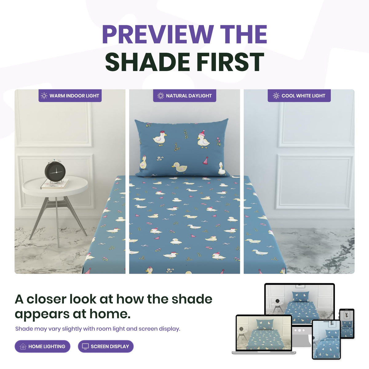 Pastel Blue Duck Party 100% Cotton Elastic Fitted Bedsheet for Single Bed with 1 Pillow Cover | Soft & Breathable | 78 x 36 Inch, 144 TC