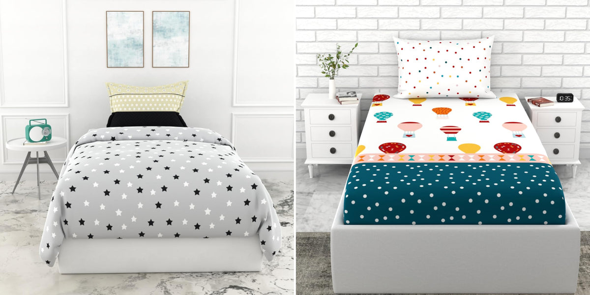 Loreto Grey Slat & Peacock Blue Balloon Single Bedsheet | 144 TC | 100% Cotton - main product image