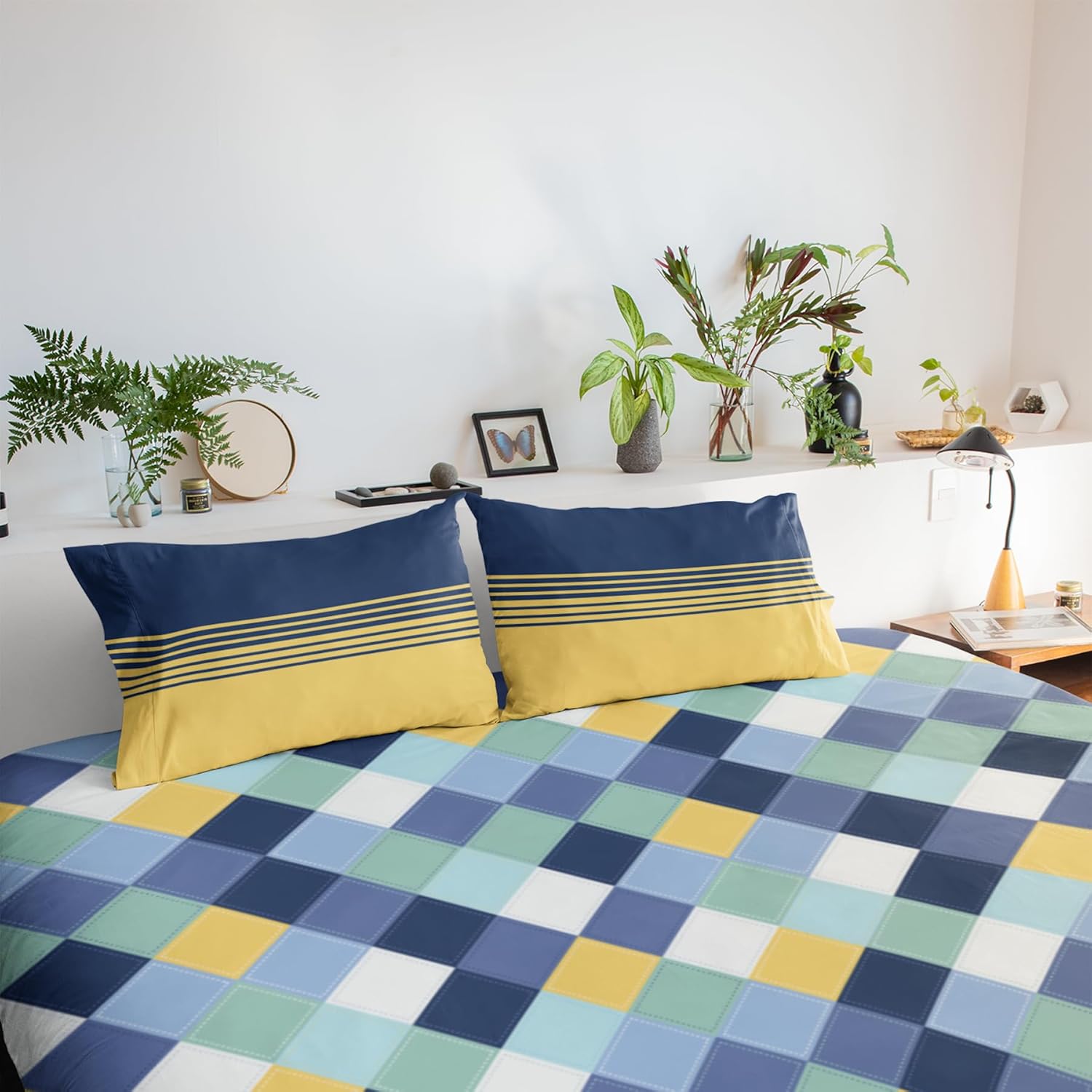 Vivid Blue and Yellow Checkered 100% Cotton Flat Double Bedsheet, 144 TC