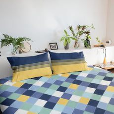 Vivid Blue and Yellow Checkered 100% Cotton Flat Double Bedsheet, 144 TC