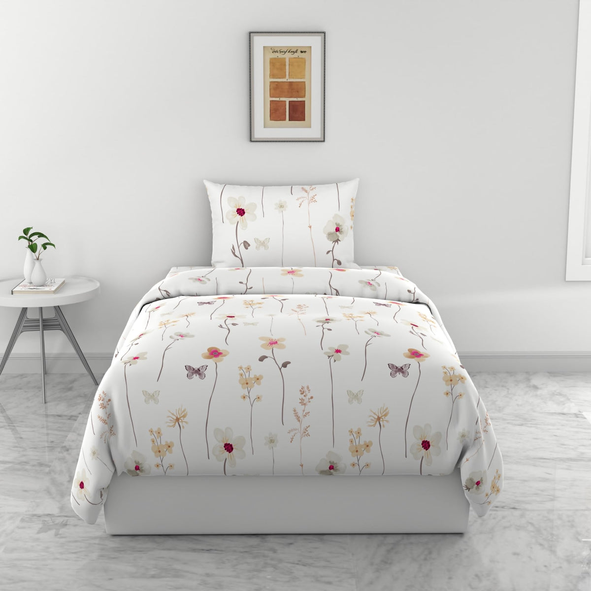 Loreto White Khaki Floral Vines Single Bedsheet | 144 TC | 100% Cotton | 54 x 84 Inches - main product image