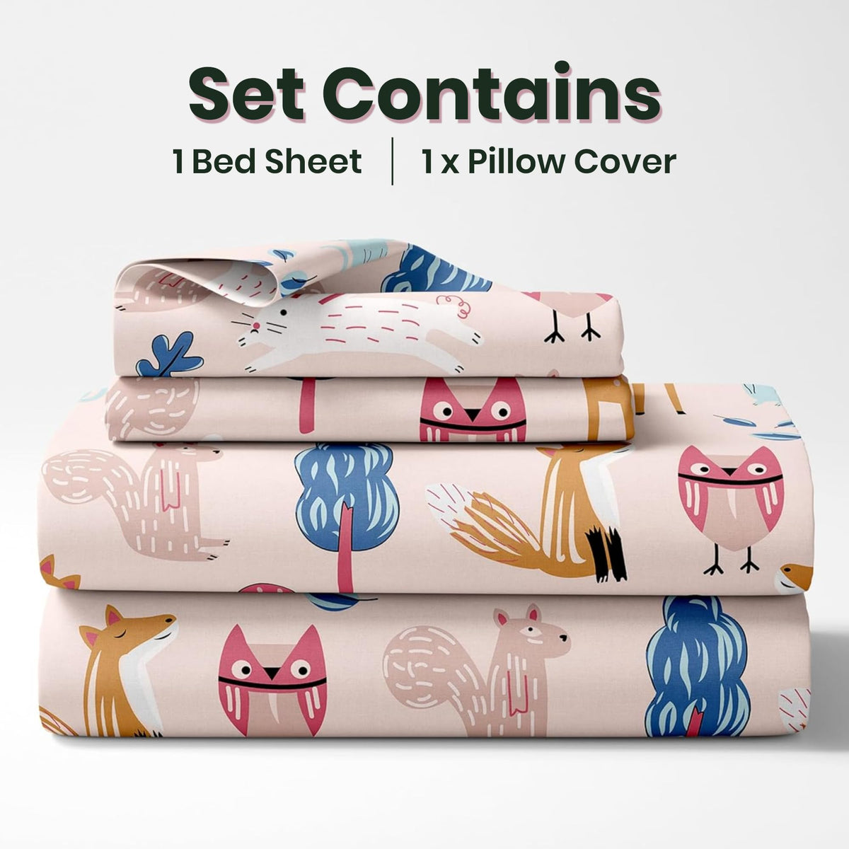 Peach Baby Animals 144 TC 100% Cotton Single Bedsheet for Kids with 1 Pillow Cover - 54 x 84 Inches