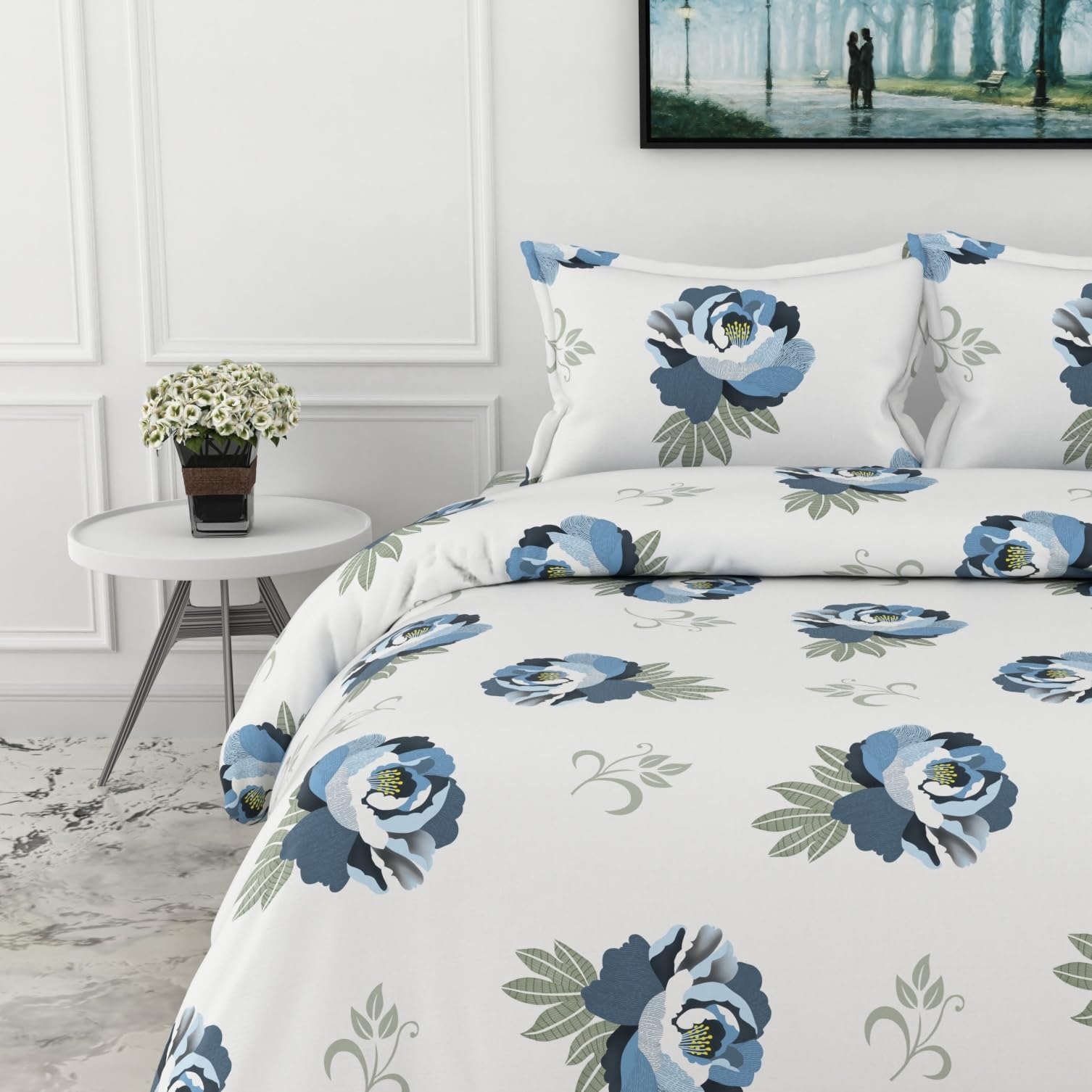 Navy Floral Double Bedsheet - 210 TC 100% Cotton with 2 Pillow Covers (90 x 90 Inches)