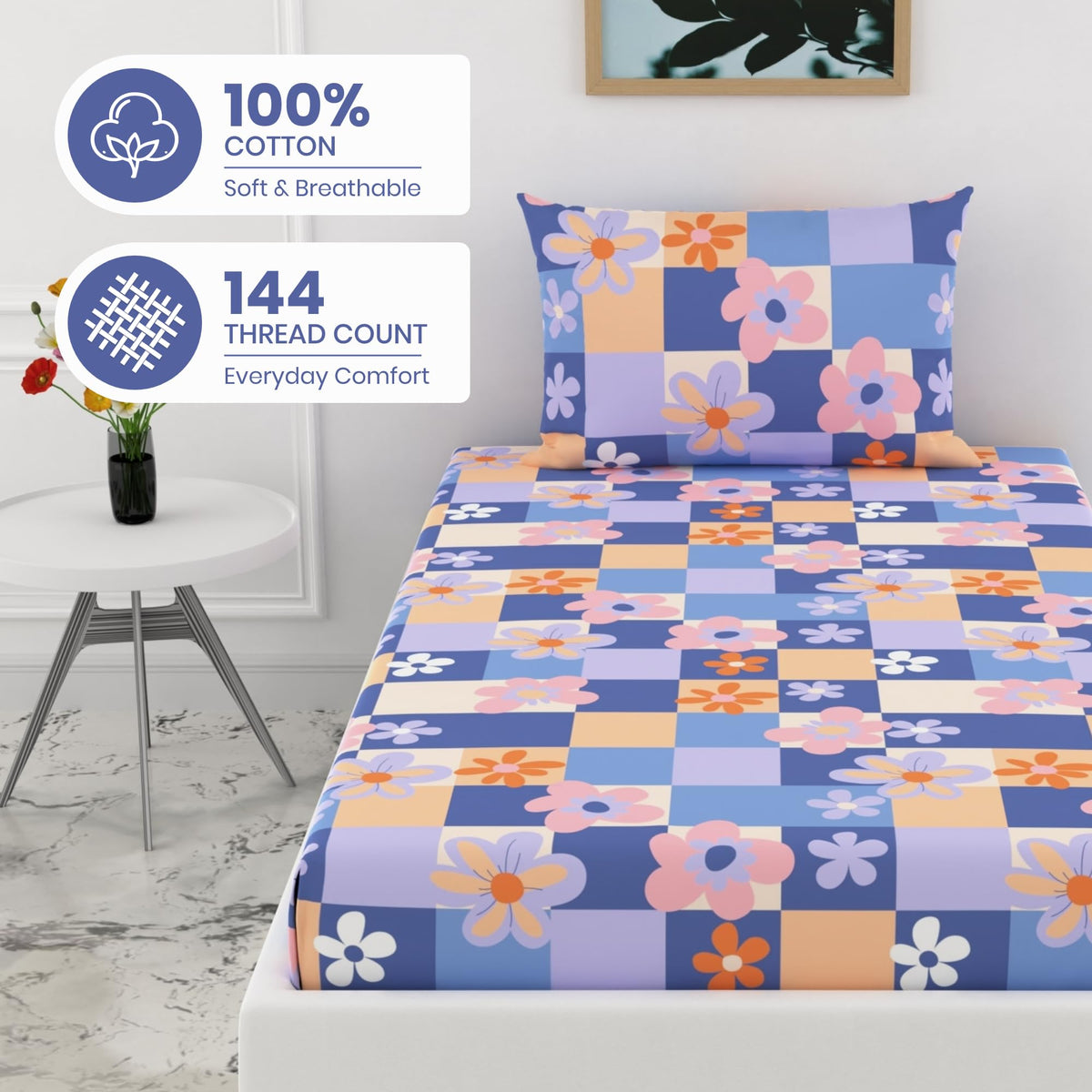 Pastel Floral 144 TC 100% Cotton Elastic Fitted Single Bedsheet with 1 Pillow Cover - 78 x 36 Inches