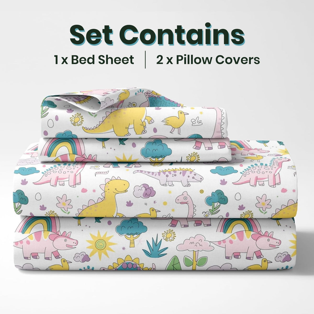Rainbow Dino Fun Soft & Breathable 100% Cotton Flat King Bedsheet, 144 TC