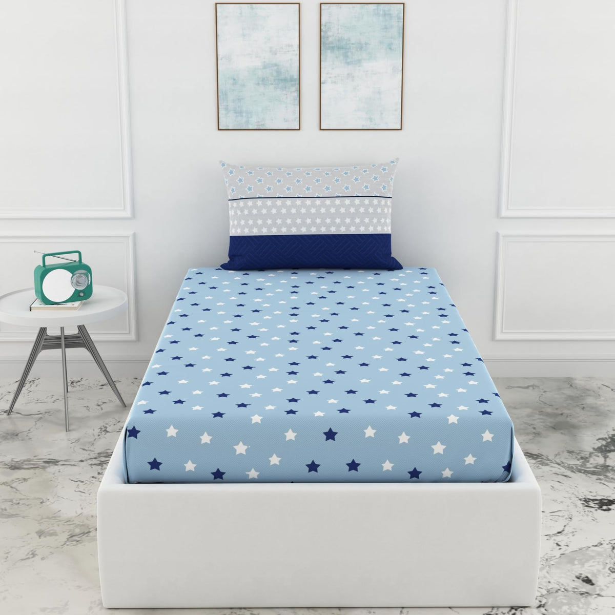 Loreto Nile Blue Stars Single Fitted Bedsheet | 100% Cotton | Fits 72 x 36 Inches | 8 Inch Pocket - main product image