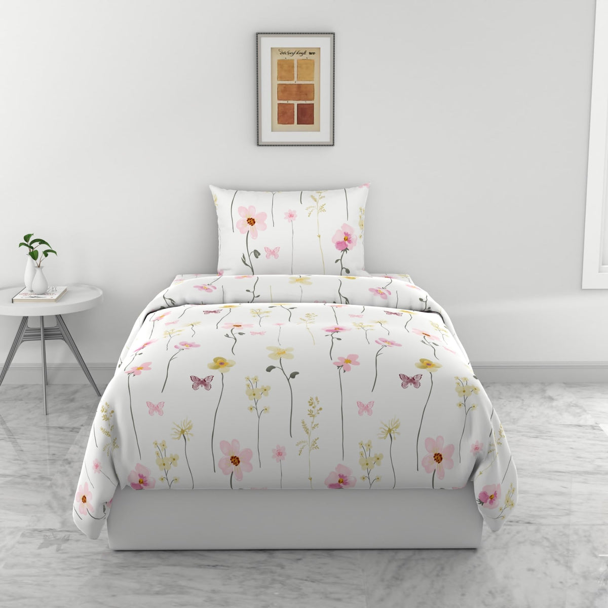 Loreto White Pink Floral Vines Single Bedsheet | 144 TC | 100% Cotton | 54 x 84 Inches - main product image