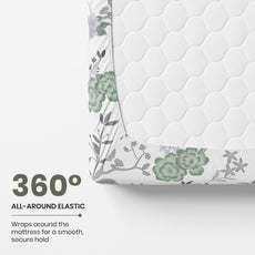 Green & Silver Blooms 144 TC 100% Cotton Elastic Fitted Single Bedsheet with 1 Pillow Cover - 78 x 36 Inches