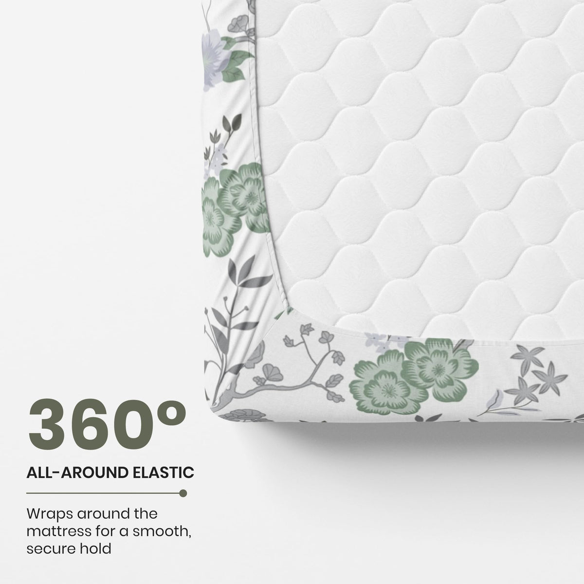 Green & Silver Blooms 144 TC 100% Cotton Elastic Fitted Single Bedsheet with 1 Pillow Cover - 78 x 36 Inches